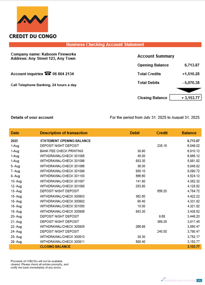 Download Congo Credit du Congo bank business account statement Word and PDF template Photoshop template